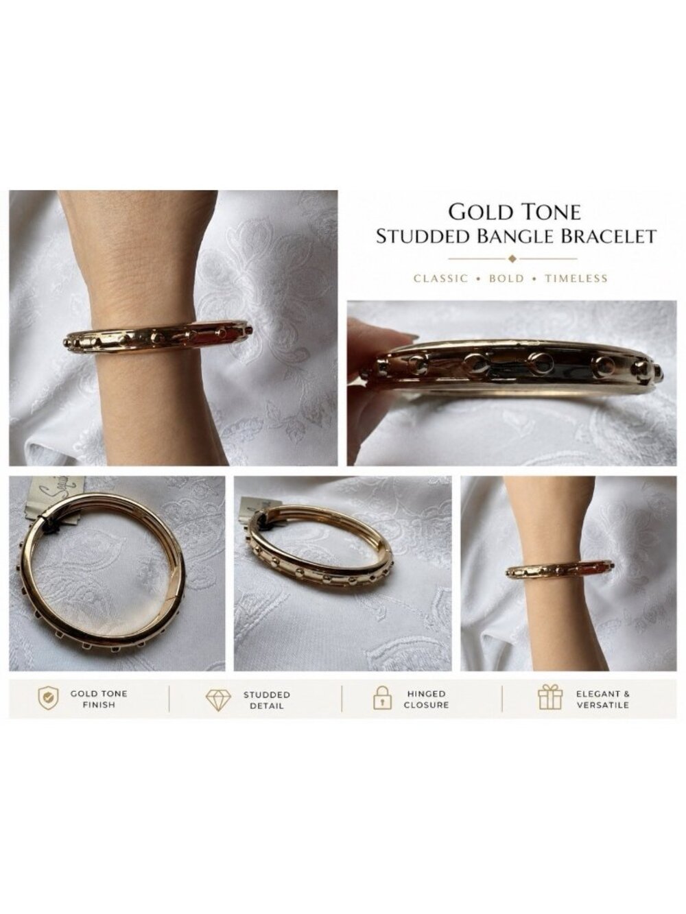 Sequin NYC Brand Bangle Bracelet Goldtone Raised Balls Hinged Thin Feminine NEW